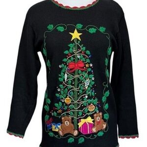 Festive Black Christmas Sweater with Tree and Bears women’s small.